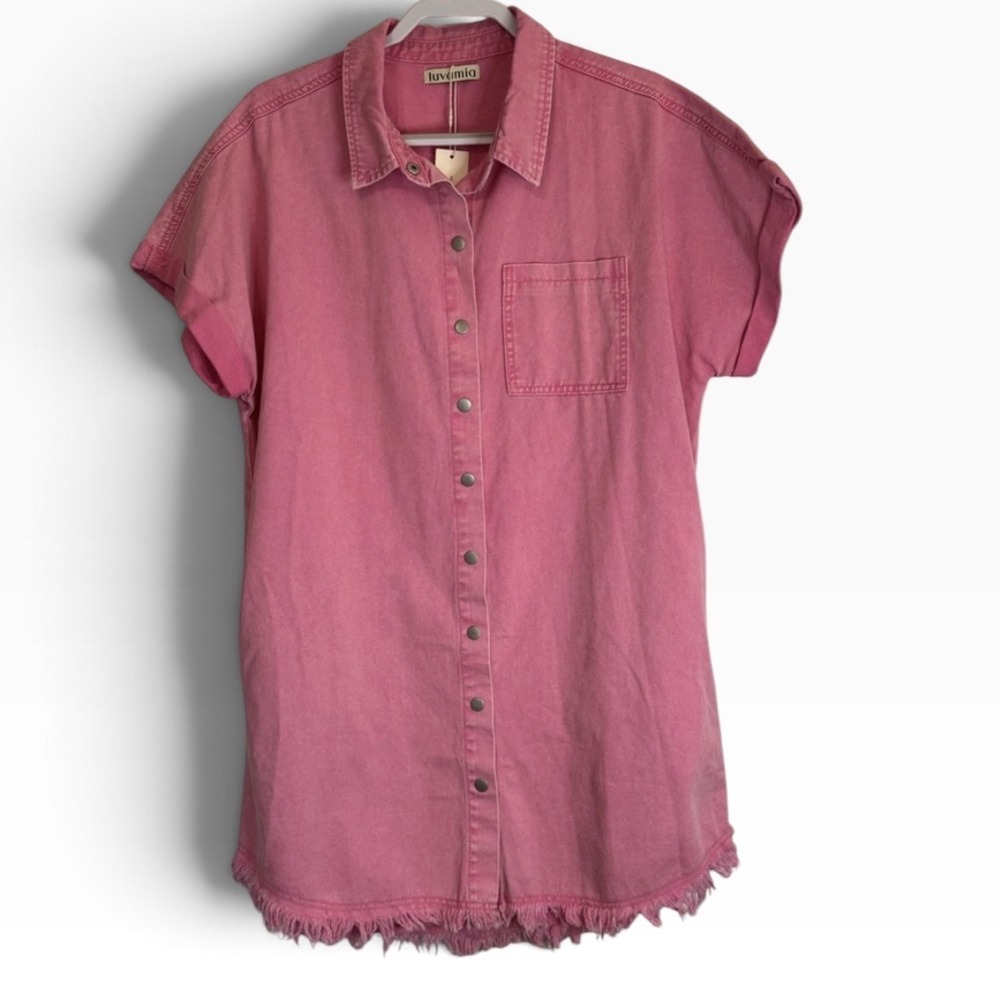 Luvamia Snap Front Denim Dress XL Pink Fringed Hem Short Sleeve Boho Kimono